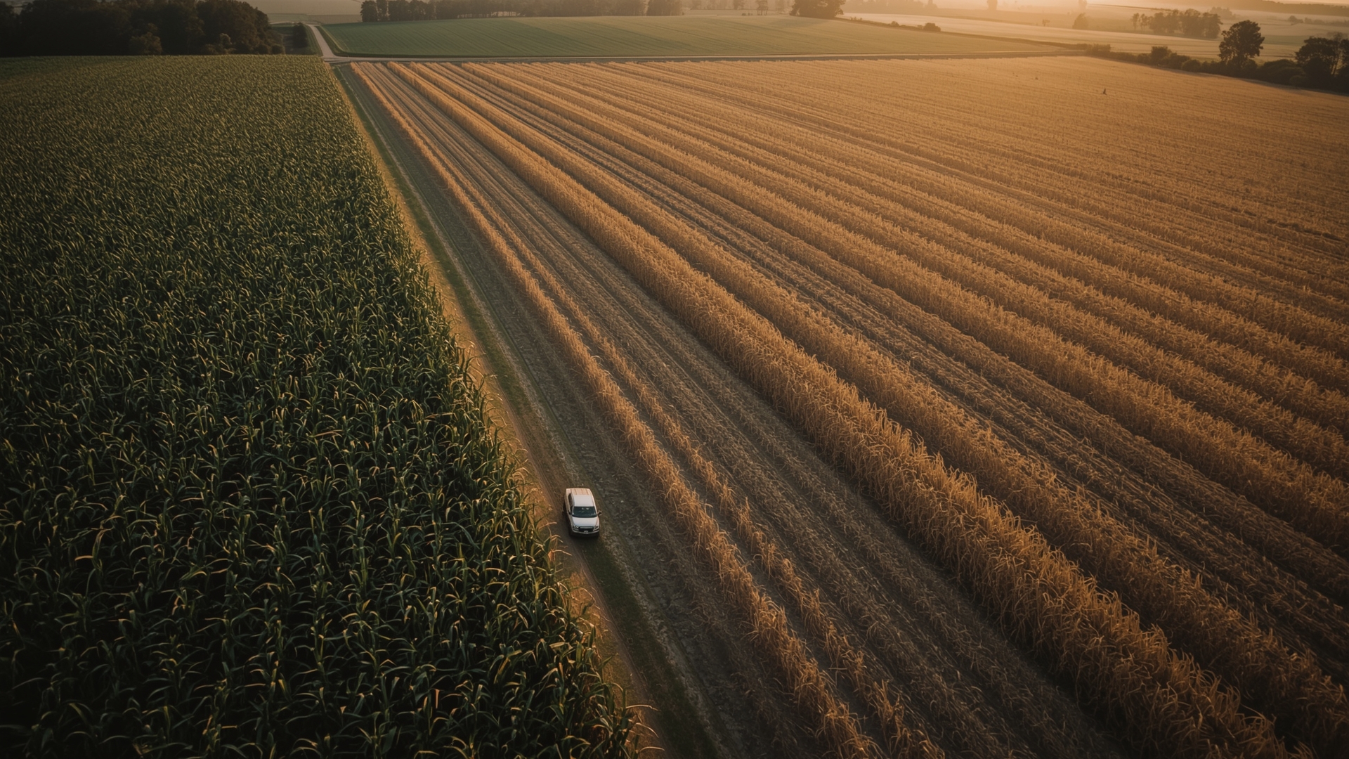 Aerial view of large North Carolina row crop farm at golden hour showing field variation