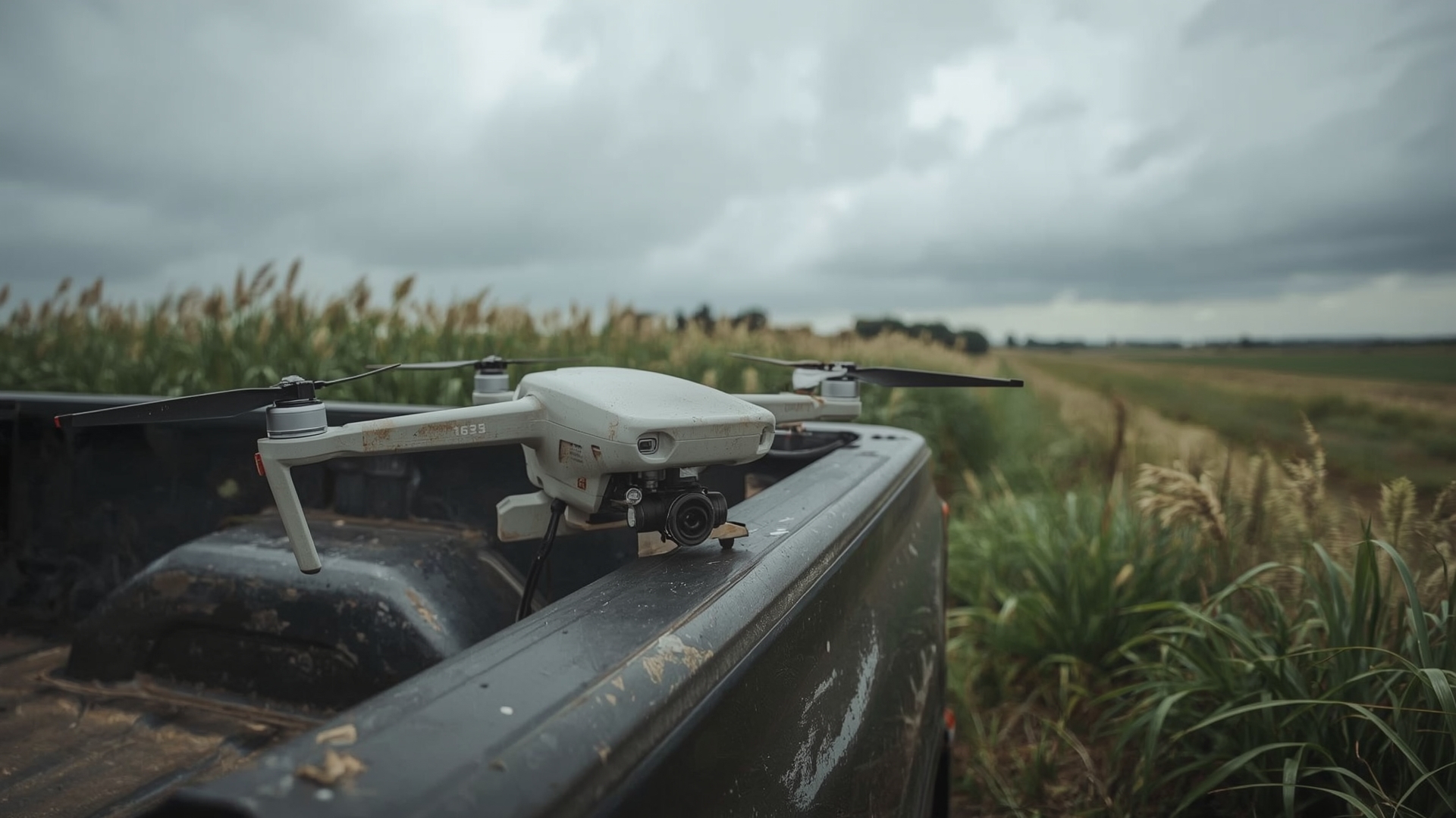 Agricultural spray drone grounded on truck tailgate during weather delay in NC field