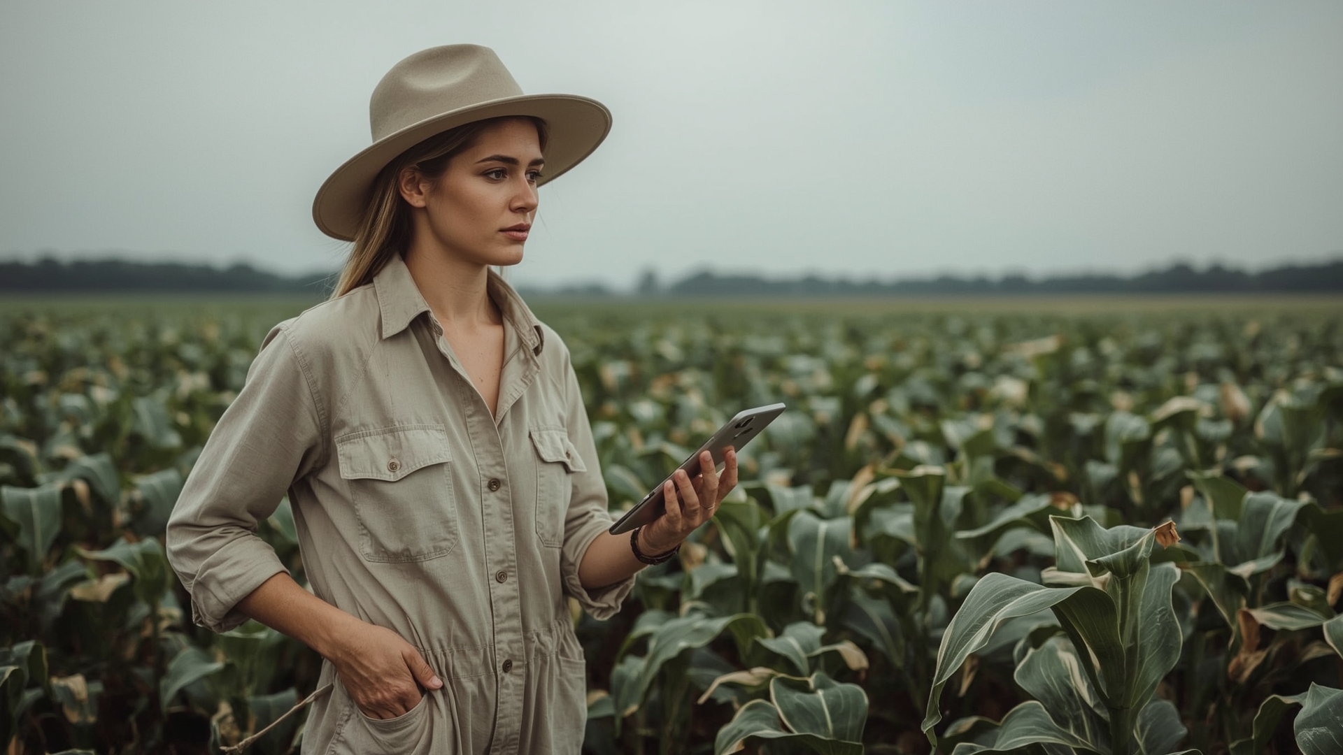Agronomist reviewing multispectral drone crop stress map at edge of soybean field