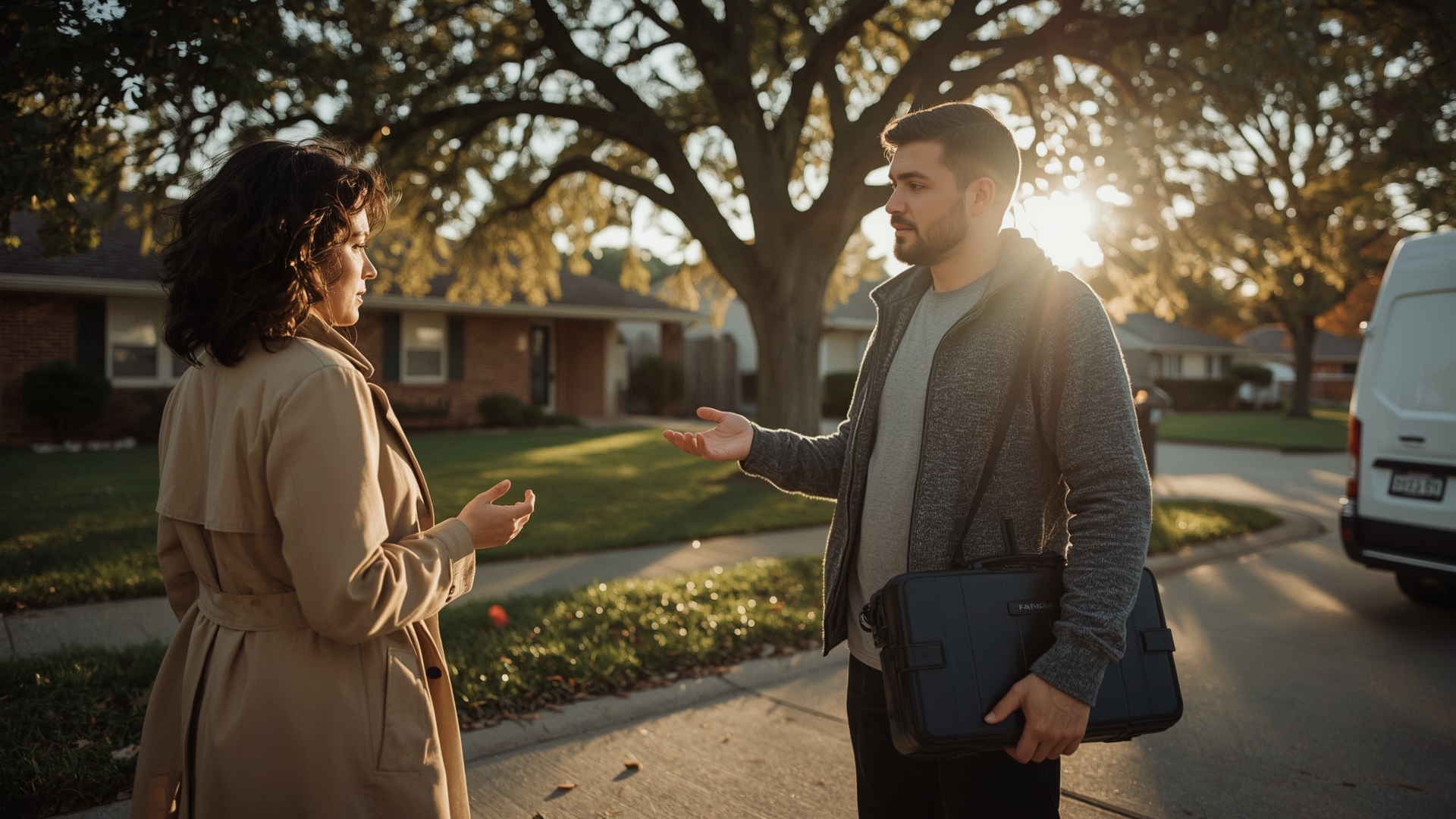 client consulting certified drone pilot outdoors before booking commercial drone shoot
