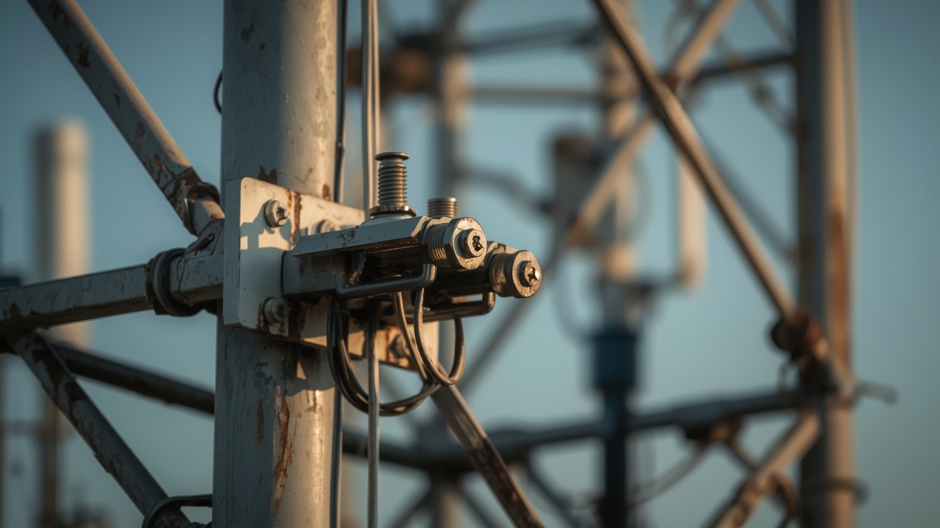 Close-up of cell tower antenna mount hardware showing corrosion and cable routing detail