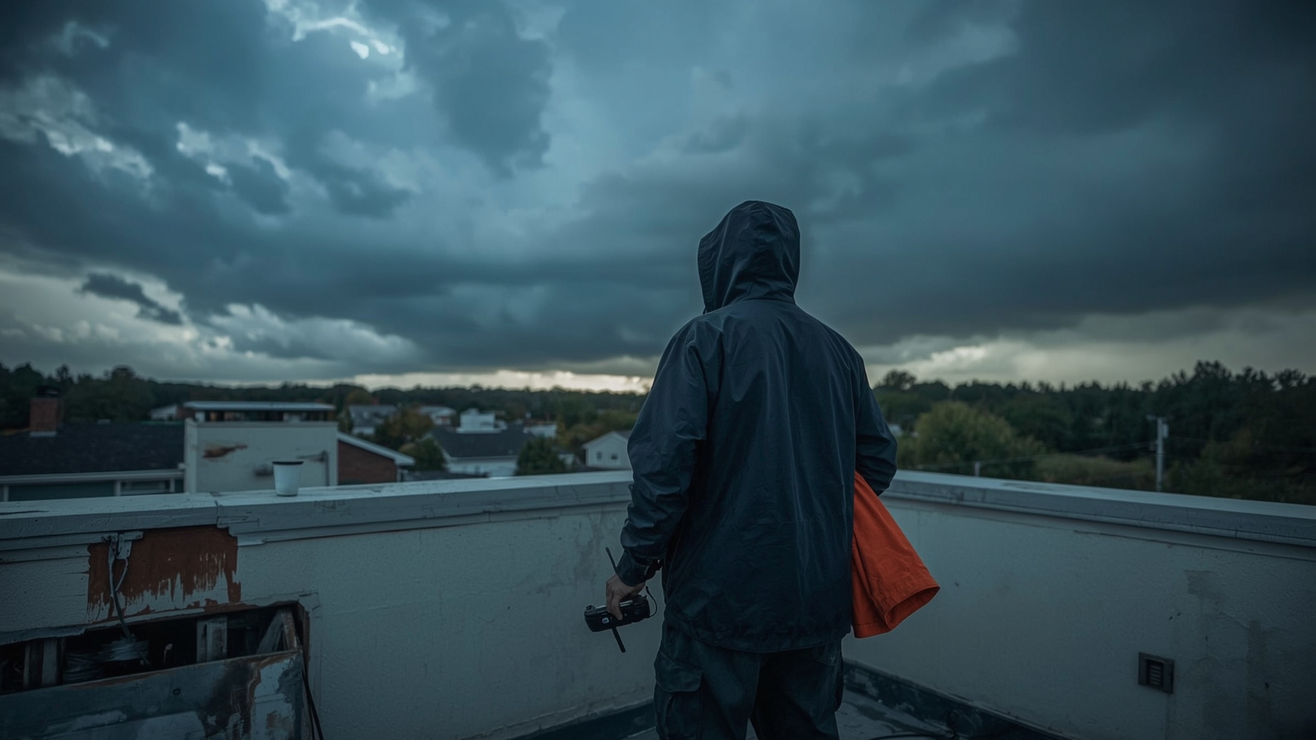 Drone pilot grounded on rooftop deck watching approaching storm clouds over Raleigh NC