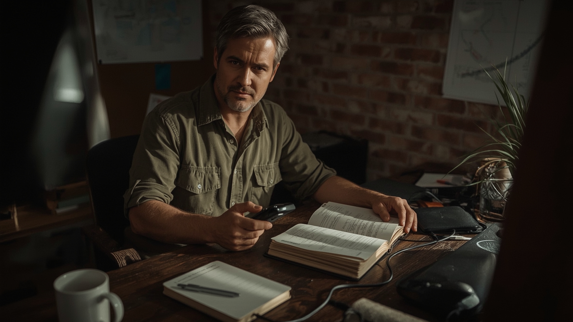 drone pilot studying FAA Part 107 certification materials at worn wooden desk