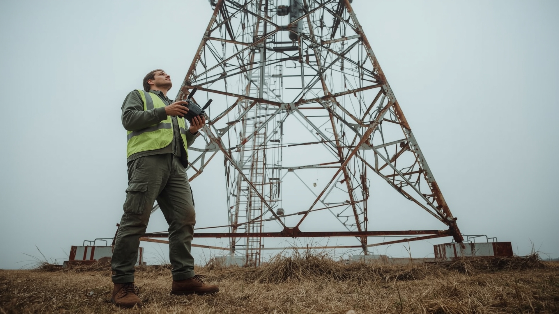 FAA-certified drone pilot conducting cell tower inspection from safe ground position