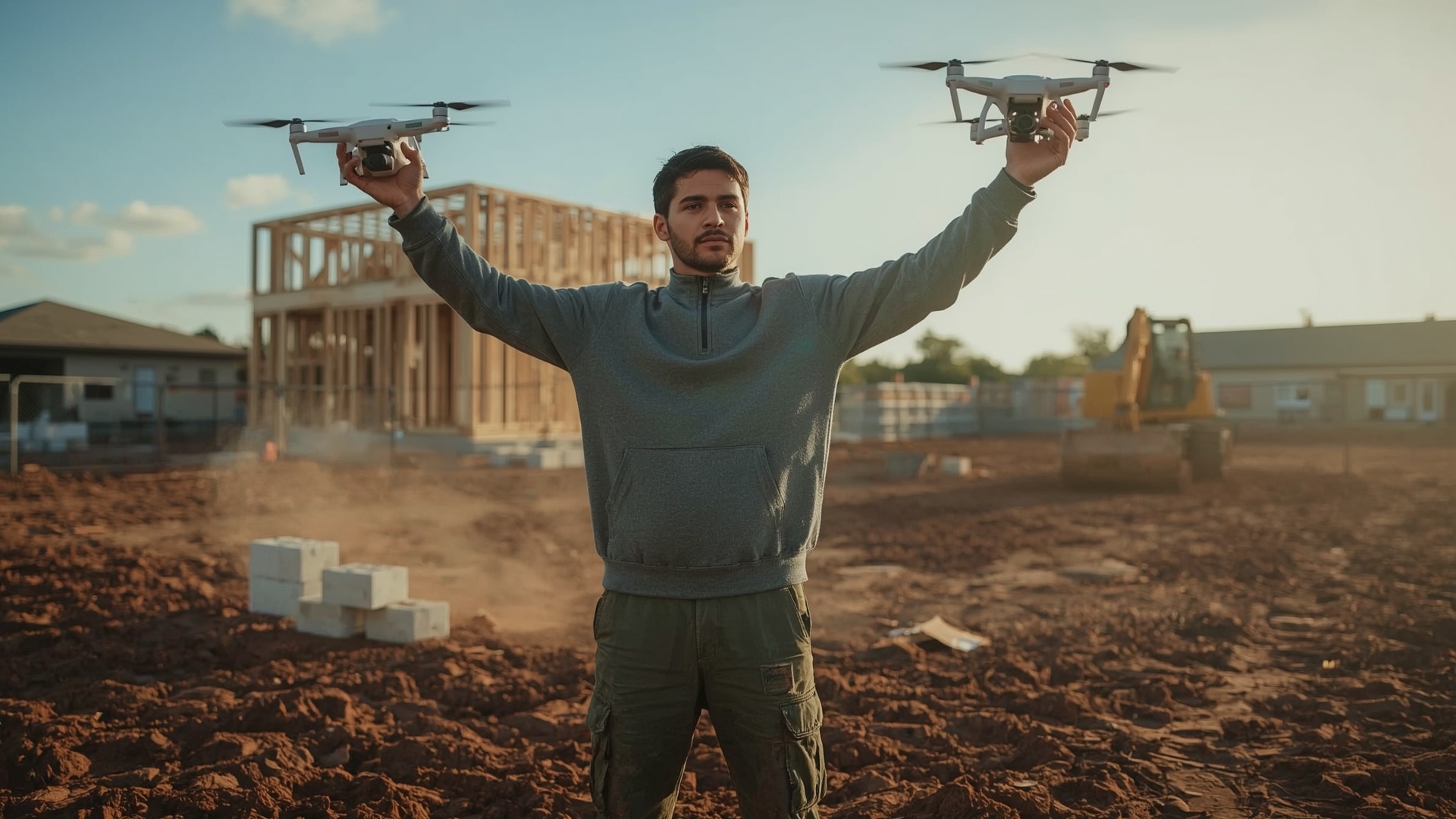 FAA-certified drone pilot operating UAV at Wake County construction site during golden hour