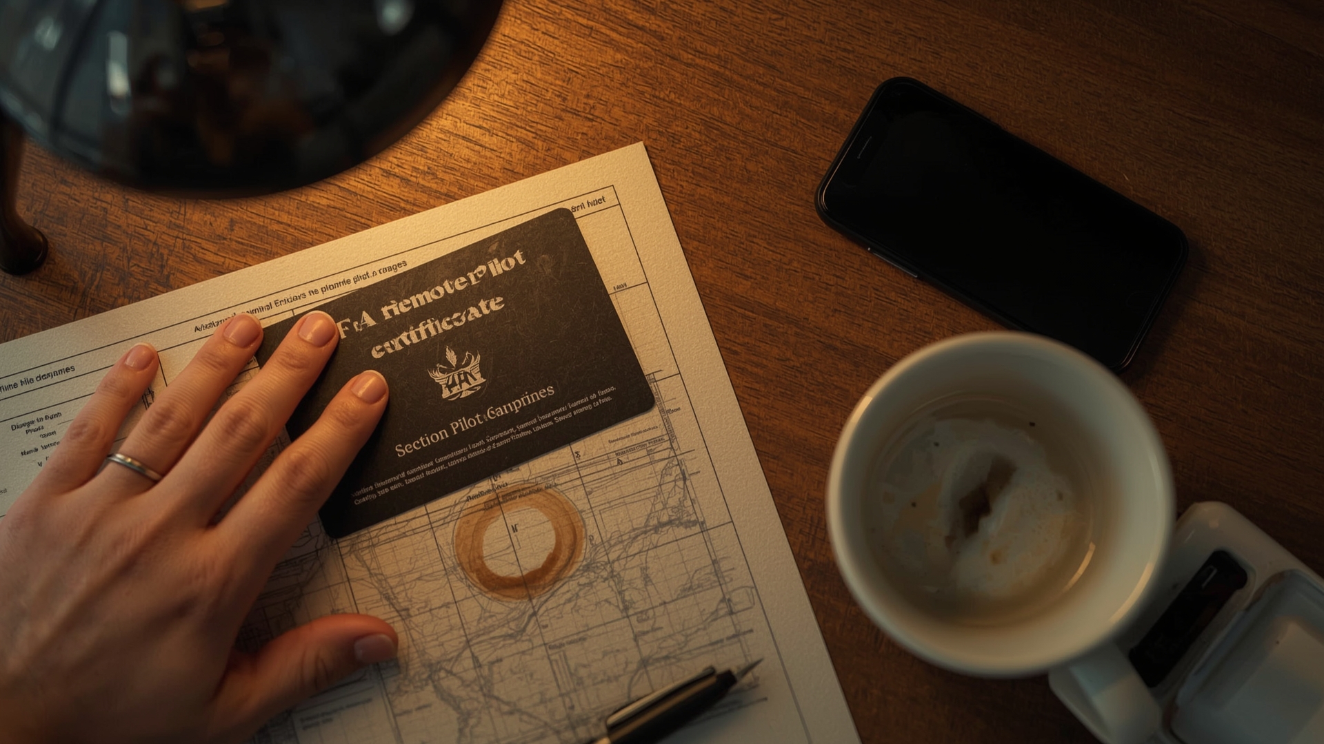 FAA Part 107 Remote Pilot Certificate alongside aviation sectional chart on desk