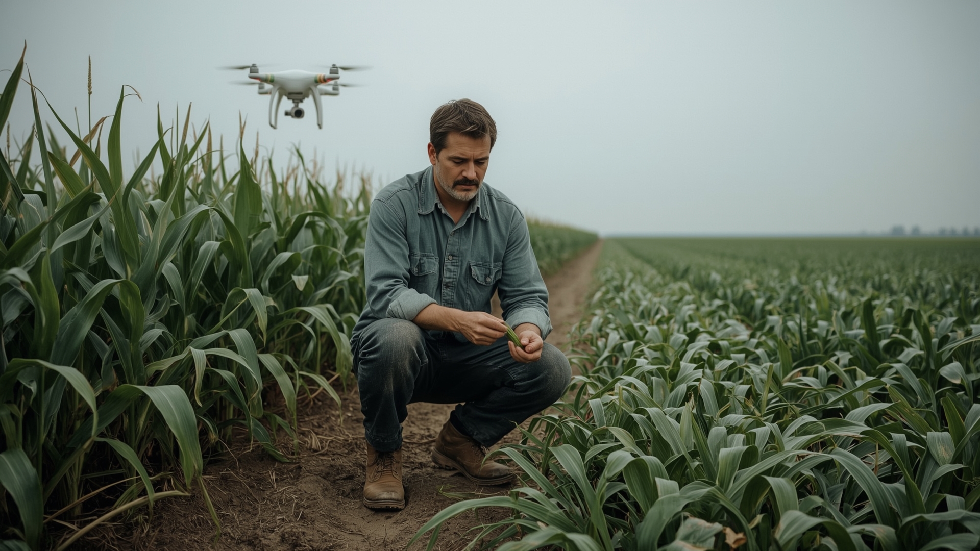 Farmer examining corn crop while agricultural spray drone applies precision treatment overhead