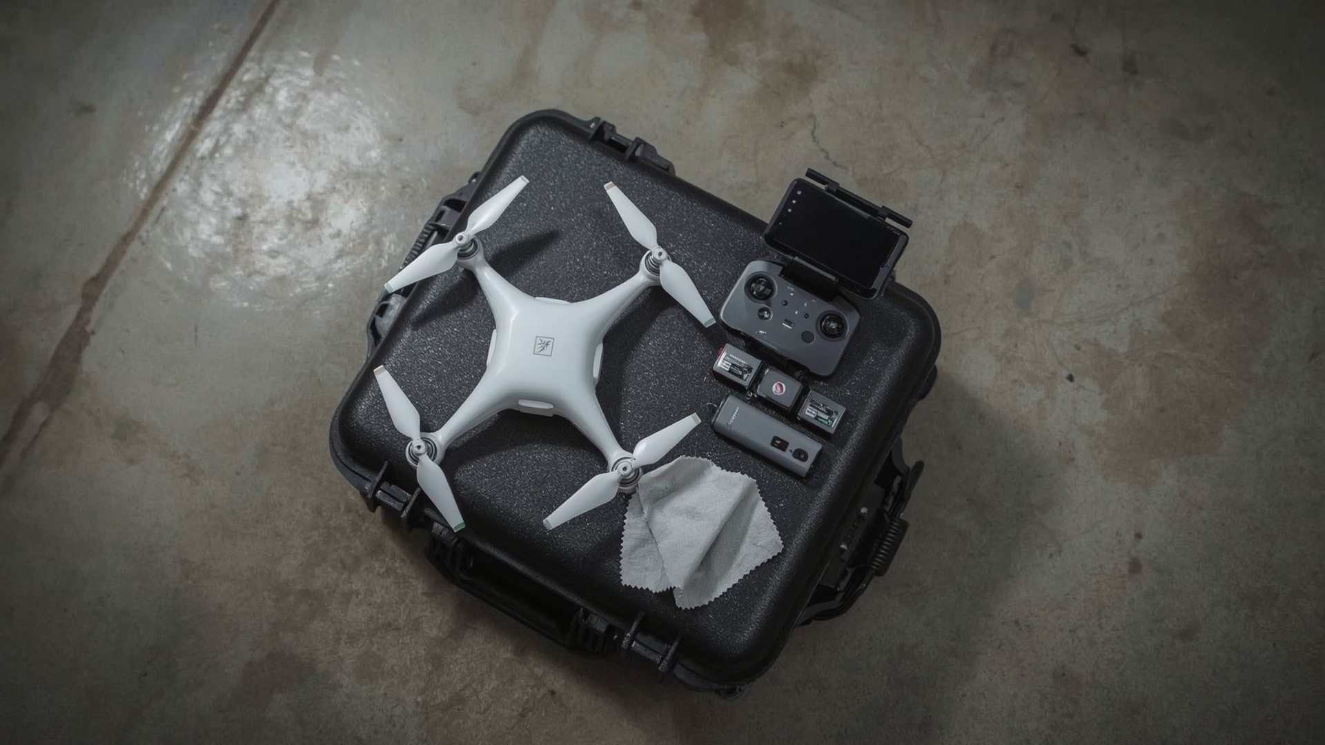 Professional commercial drone with controller and batteries on weathered equipment case