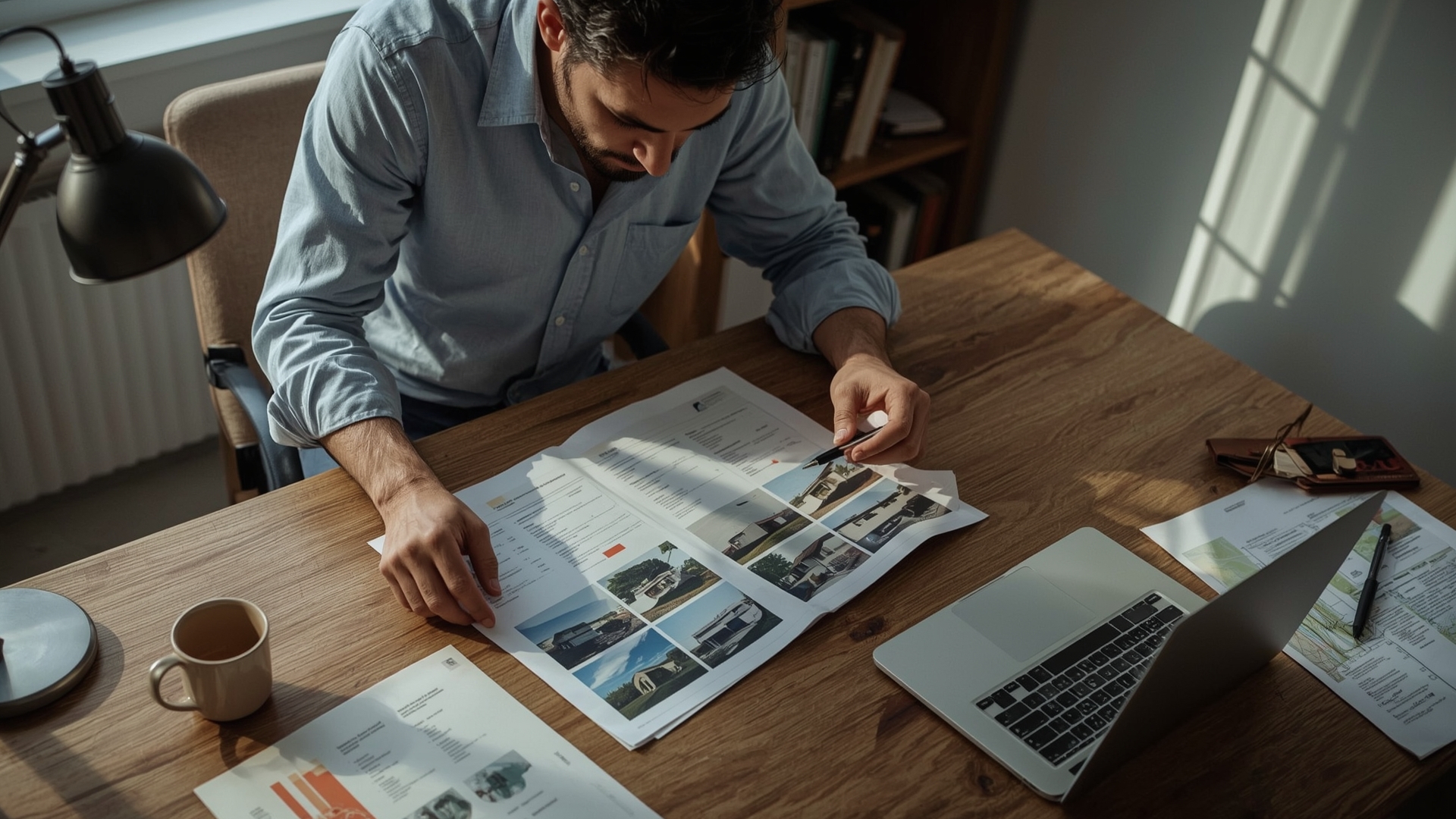 Telecom engineer reviewing cell tower drone inspection cost report documents at desk