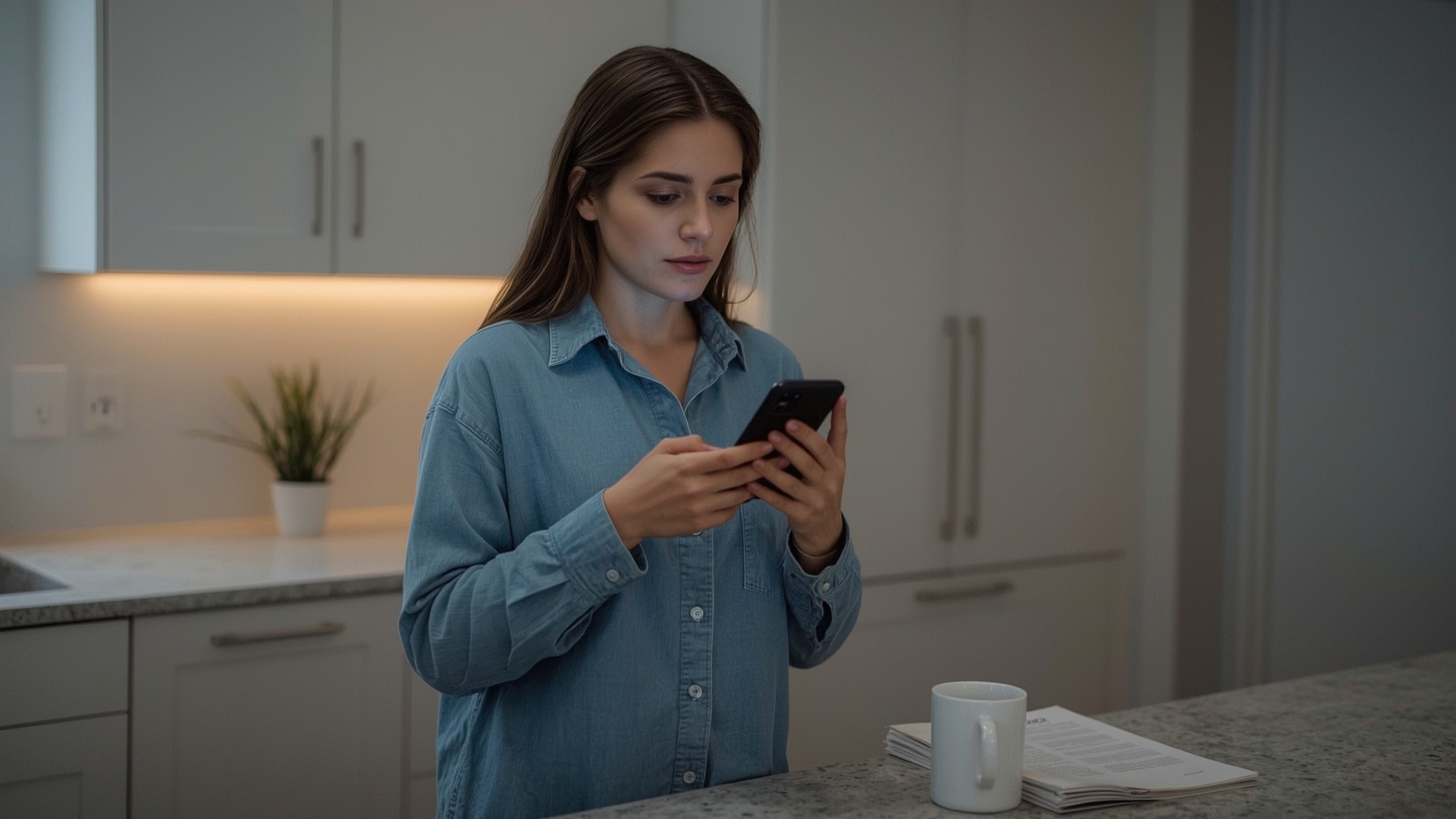 woman verifying drone pilot FAA certification on smartphone at kitchen counter